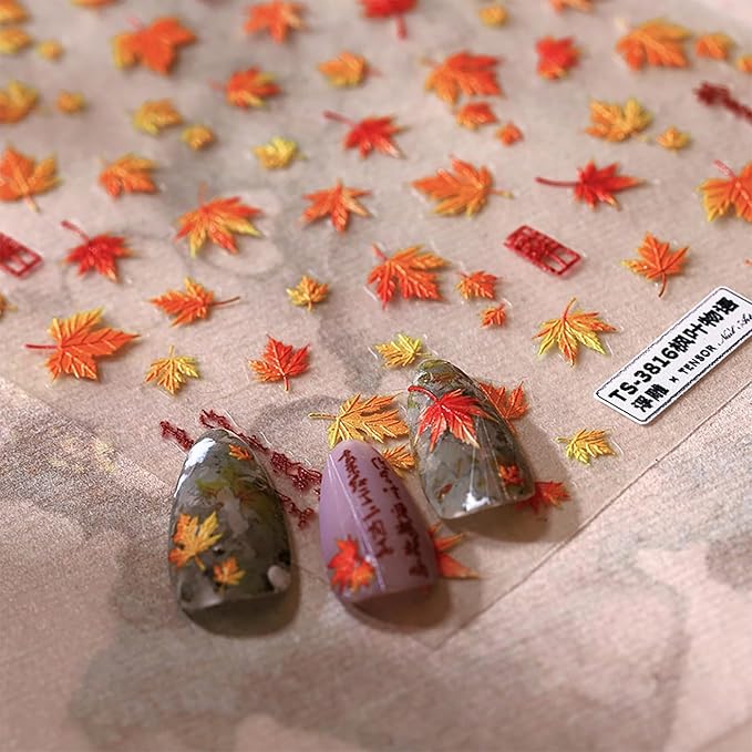 Fall Maple Leaves Nail Art Stickers for Thanksgiving, Gold Maple Leaves Nail Decals 5D Embossed Fall Nail Art Supplies for Women Girls Nail Decoration