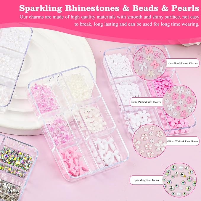 4 Boxes 3D Flower Nail Charms and Gems - Pink/White Nail Flower & Bow Charms Crystal AB Clear Gemstones Silver/Gold Caviar Beads White/AB Pearls for Women DIY Manicure Crafts (20-S4-PinkWhite)