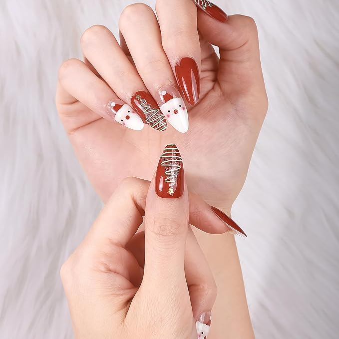 Christmas Semi Cured Gel Nail Strips, 16 Pcs Winter Xmas Gel Nail Stickers Christmas Tree Santa Claus Designs Red Wraps for UV/Led Manicure Lamp Nails Art Decorations