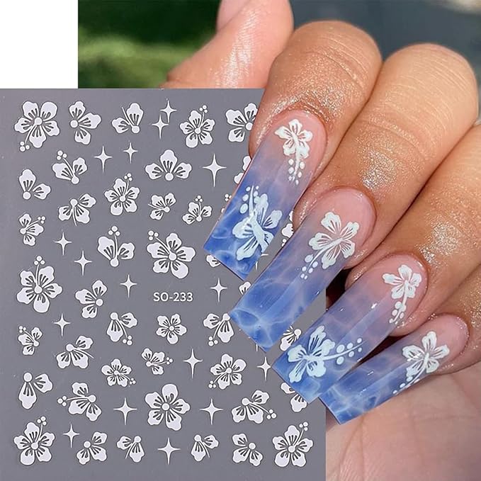 6Pcs Flowers Nail Art Stickers Decals 3D Pink Hibiscus Flower Nail Stickers Rose Gold Silver Yellow White Floral Nail Art Design Decoration Daisy Petals Nail Decals Cute Nail Supplies for Women Girls