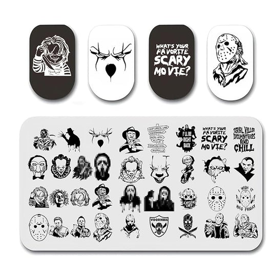 Halloween Nail Stamping Plates Horror Movie Characters Nail Art Stamp Plates Halloween Scary Face Nail Art Stamping Template Holiday Nail Manicure Decorations Supplies 1Pcs