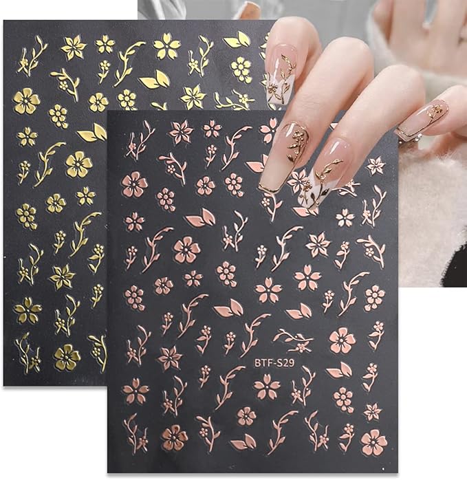 6 Sheets Gold Nail Art Stickers,3D Metallic Self-Adhesive Nail Decals Gold Silver Black White Cherry Blossom Rose Leaf Butterfly Nail Design Bronzing Flower Nail Sticker for Women Manicure Decoration