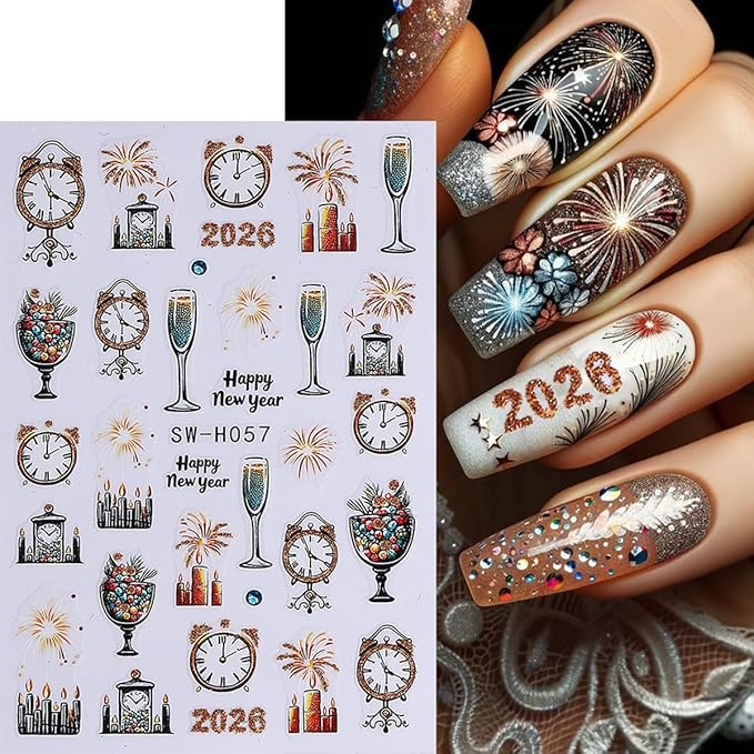 Christmas Nail Art Stickers Fireworks Clock Nail Stickers 6PCS Gold Glitter Lantern Ball Champagne Tree 2026 Design 3D Self-Adhesive Xmas Nail Decals Manicure Supply for New Year Nail Art Decorations