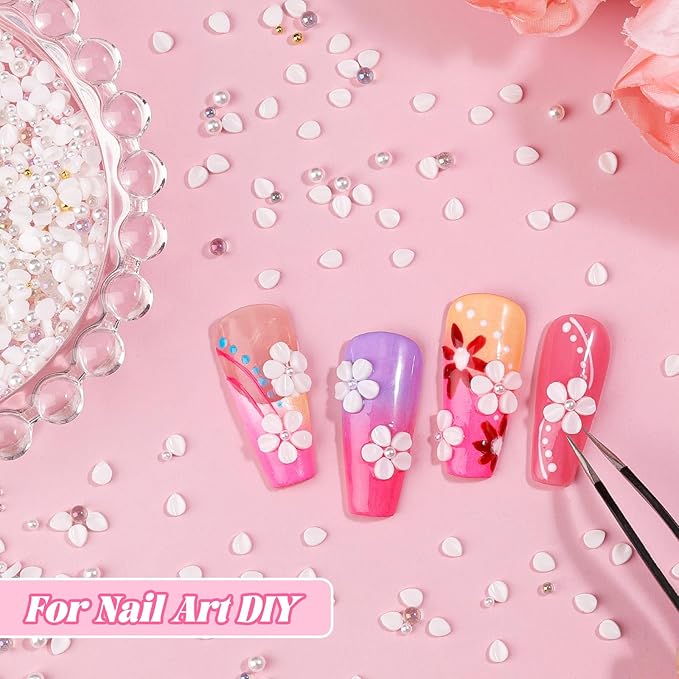 500Pcs Flower Nail Charms Kit, 400Pcs 3D White Flowers Petals and 100Pcs Round Pearls with Gold Metal Caviar Beads Bubble Beads, Cherry Blossom Petal Tiny Gems Mixed Rhinestone for Nails DIY
