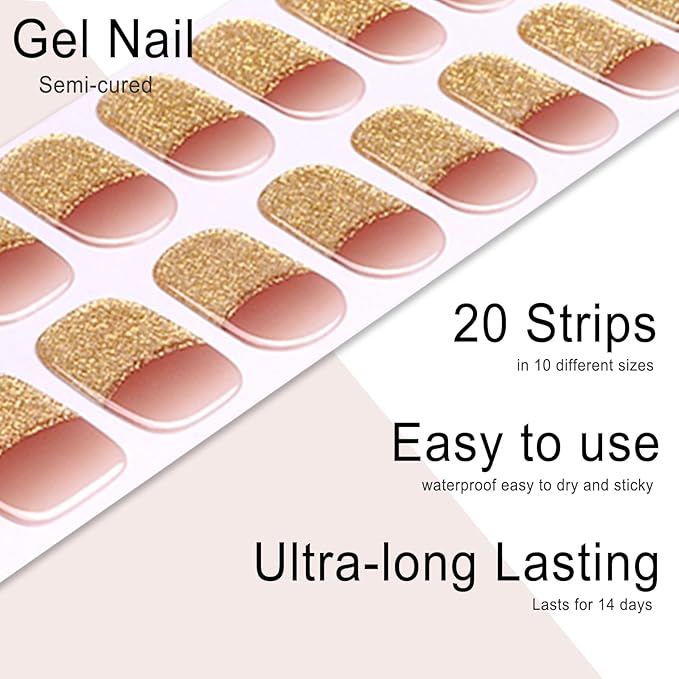 Semi Cured Gel Nail Strips, 20pcs Real Nail Polish Art Stickers, Golden Sunset Gel Nail Stickers - Work with Any UV Lamp, Long Lasting Full Wraps with Nails File and Stick