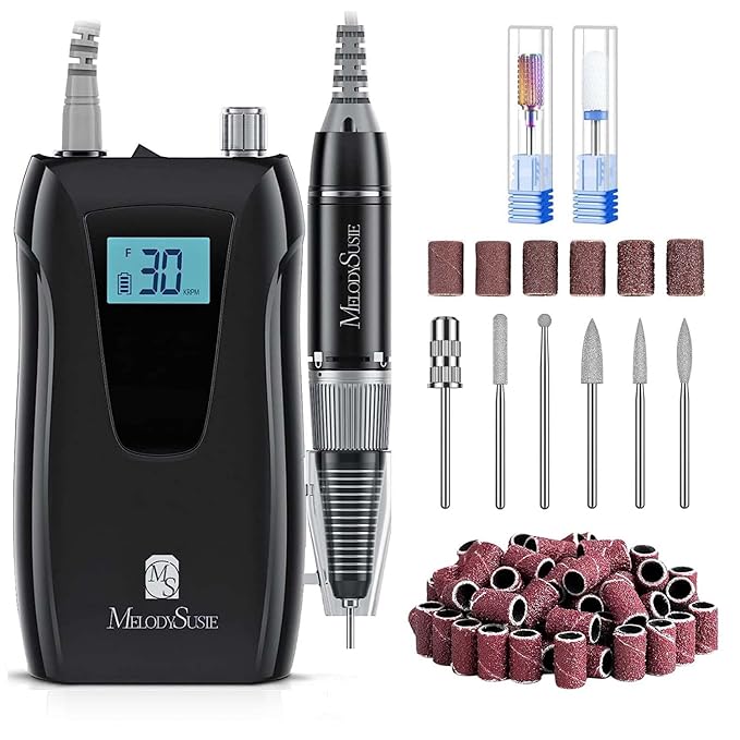 MelodySusie Professional Nail Drill 30000RPM, SC320D Rechargeable Electric Nail Drill Machine, Cordless Nail E File for Acrylic Gel Nails, 8pcs Nail Bits 106pcs Sanding Bands, Selene Black