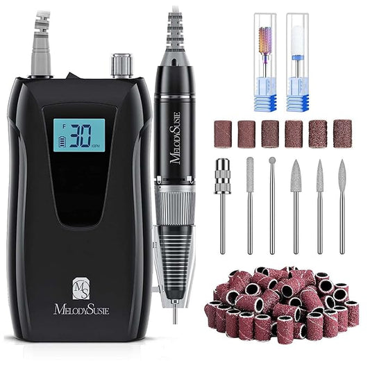 MelodySusie Professional Nail Drill 30000RPM, SC320D Rechargeable Electric Nail Drill Machine, Cordless Nail E File for Acrylic Gel Nails, 8pcs Nail Bits 106pcs Sanding Bands, Selene Black