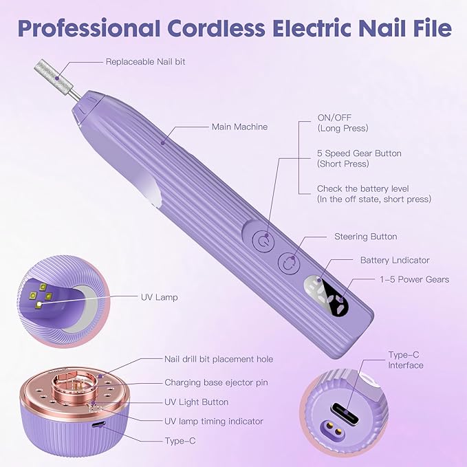 Electric Nail File,Nail Drill Kit with Nail Lamp,Cordless Nail Filer for Acrylic Gel Nails,Professional Nail Drill Machine Polishing Tool Manicure Pedicure Kit Efile Nail Supplies for Home Salon