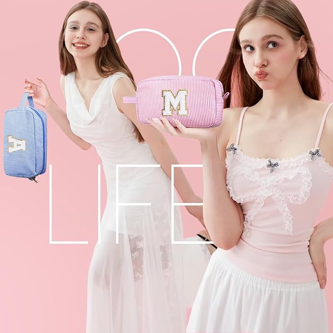 YOOLIFE Initial Makeup Bag for Women - Monogram Cute Blue Makeup Bags Cosmetic Toiletry Pouch Make Up Case for Women Her Best Friend Friendship Sister Teacher, Personalized Birthday Gifts for Women J