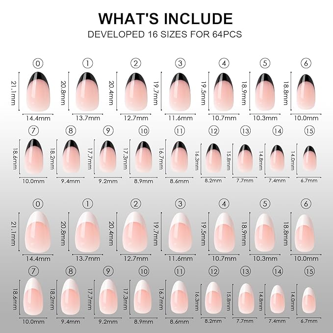 64PCS Press On Nails Black & White French Tip- Short Almond Shape with Classic Accents | Dual-Color Fake Nails for Women | Reusable, Chip-Free Nail Kit with Complete Tools