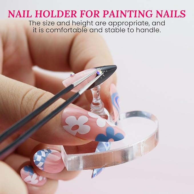 Wooden Nails Stand for Press On Art Display Practice 2 Set, 1 Heart Shaped Acrylic Magnetic Nail Stand, Fake Nail Holder with 200 Pieces Double-sided Tape, For Home DIY Salon Supplies (Walnut, Medium)