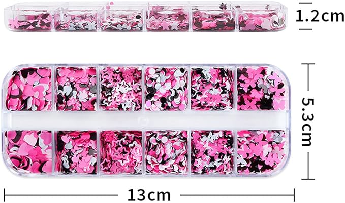 Nail Art Glitter Flakes 12 Grids Nail Sequins Love Heart Butterfly Stars Round Rabbit Nail Supplies Mixed 3 Colors Glitter Nail Charms Designs DIY Nail Decorations Nail Art Accessories for Women Girls