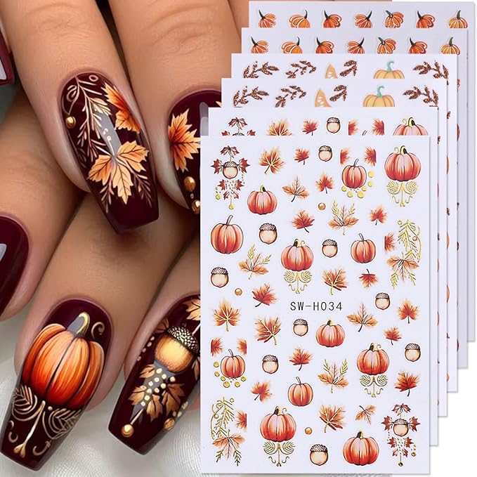 Fall Nail Art Stickers Autumn Leaf Pumpkin Nail Decals 3D Self-Adhesive Nail Art Supplies 6PCS Maple Leaves Pumpkin Nails Design Fall Stickers for Nails Women DIY Manicure Decorations Accessories