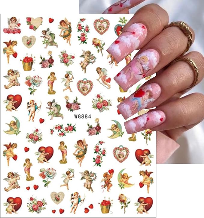 8 Sheets Angel Nail Art Stickers 3D Self-Adhesive Rose Flowers Nail Stickers Decals Cupid Love Heart Wings Nail Art Design Stickers Valentine's for Women Acrylic DIY Manicure Decorations