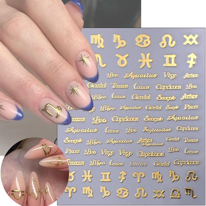 6Pcs Constellation Nail Art Stickers 3D English Letters Nail Stickers for Nail Art Decoration Self-Adhesive 12 Constellations English Nail Design Supplies Gold Silver Pink French Nail Decals for Women