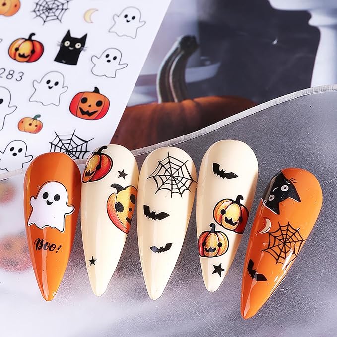 5 Pcs Halloween Nail Art Stickers,3D Self-Adhesive Nail Decals Spider Webs Cute Ghost with Designs Skull Pumpkin Nail Decorations Halloween DIY Manicure Supplies for Women Girls