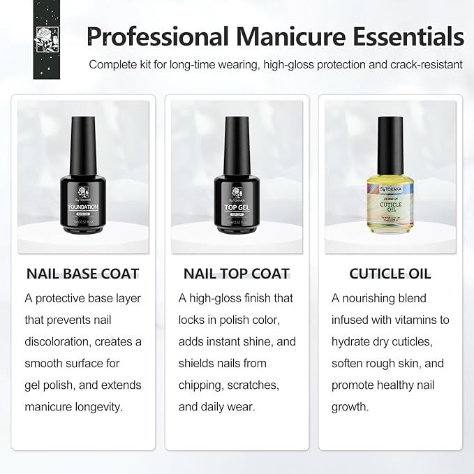 3Pcs 15ml Base Top Coat Set with Cuticle Oil Soak-Off UV Cured Glossy Top Gel Base Coat No Wipe Combination Fast Air Dry Nail Care Nutritive Oil for Manicure Pedicure Nail Supplies