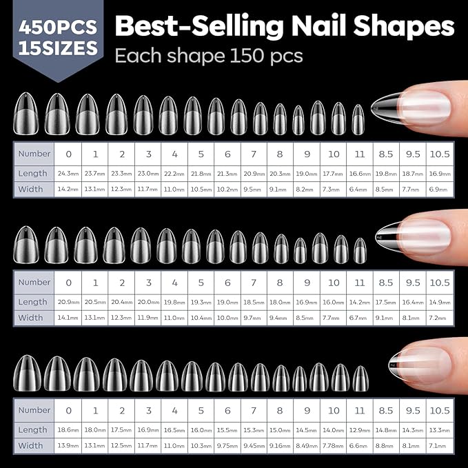 Modelones Medium & Short & Extra Short Almond Nail Tips - Multi-type 3 Styles Set Gel Tips Half Matte Full Cover Clear Acrylic Gel Kit Fake Nails for Extension DIY Salon 450Pcs 15Sizes
