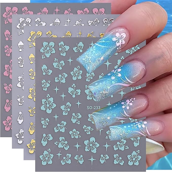 8Sheets Hibiscus Flower Nail Stickers - 3D Self-Adhesive Nail Decals in Gold, Silver, Blue, Pink & Holographic for Women's Manicure