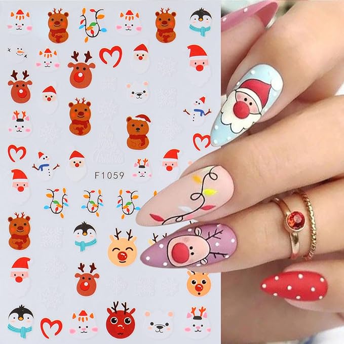 10PCS Christmas Nail Stickers for Kit- 3D Xmas Winter Nail Decals with Cartoon Elk Snowflake Santa Claus Snowman Bell Reindeer Bell Tree Design Holiday DIY Manicure New Year Christmas Nail Decoration