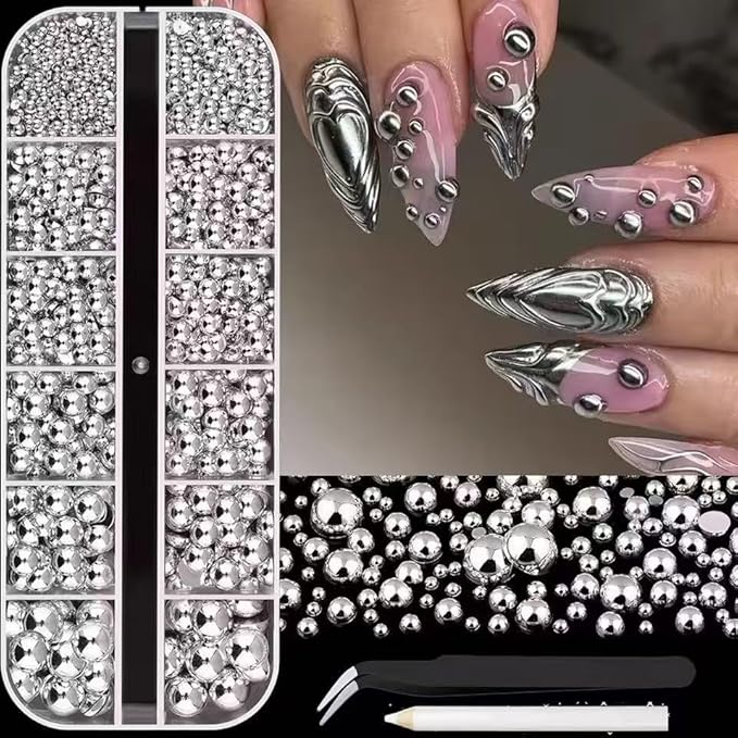24Grid Gold Solver Nail Art Rhinestones 3D Flatback Rhinestones Pearl Nail Charms and Crystals Gems Nail Accessories for Acrylic Nail Tips Manicure Decor
