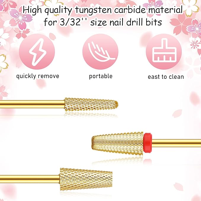 Outus 3 Pieces Nail Carbide 5 in 1 Tapered Barrel Carbide Nail Drill Bit Set, 3/32 Inches Cone Shape Bit for Acrylic or Gel Remover (Golden)