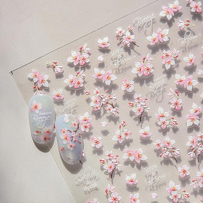 5D Embossed Flower Nail Art Stickers Cherry Blossoms Nails Decals White Pink Sakura Floral Nail Stickers Spring Summer Nails Design Flower Supplies for Women DIY Manicure Decoration Accessories 1Pcs