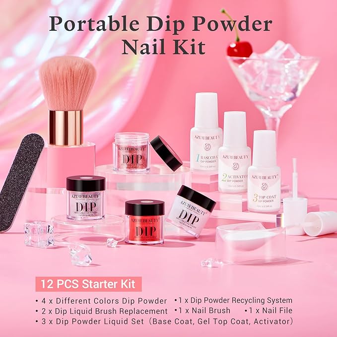 AZUREBEAUTY Dip Powder Nail Starter Kit Berry Red Milky White Silver Glitter, 4 Colors Dipping Powder Set, French Nail Art Base Top Coat Activator Essential Liquid Manicure No Lamp Needed Salon