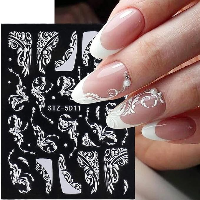Flower Nail Art Stickers Decals, 8 Sheets 5D Engraved Flower Nail Decals White Wedding Nail Art Accessories French Tips Nail Designs Self Adhesive Lace Flower Carving Nail Stickers for Women Girls