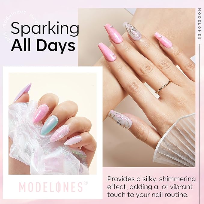 modelones Pearl Gel Nail Polish Top Coat, 2-in-one Clear Pearlescent Glitter Glossy Sparkle Finish Long Lasting Soak Off Mermaid Shimmer Manicure Nail Art Home Salon DIY 10 ML
