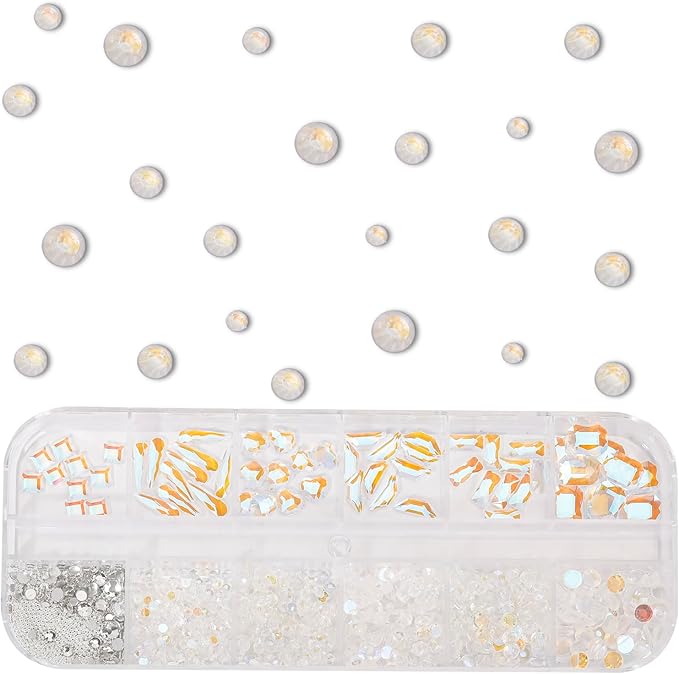 Multi Shapes Aurora 3D Glass Crystal Nail Rhinestones Kit Mix 0.8mm Silver Nail Round Beads Charm Flatback Gems 5 Grids Flatback Rhinestones Stone Diamond for Manicure Makeup DIY Decoration