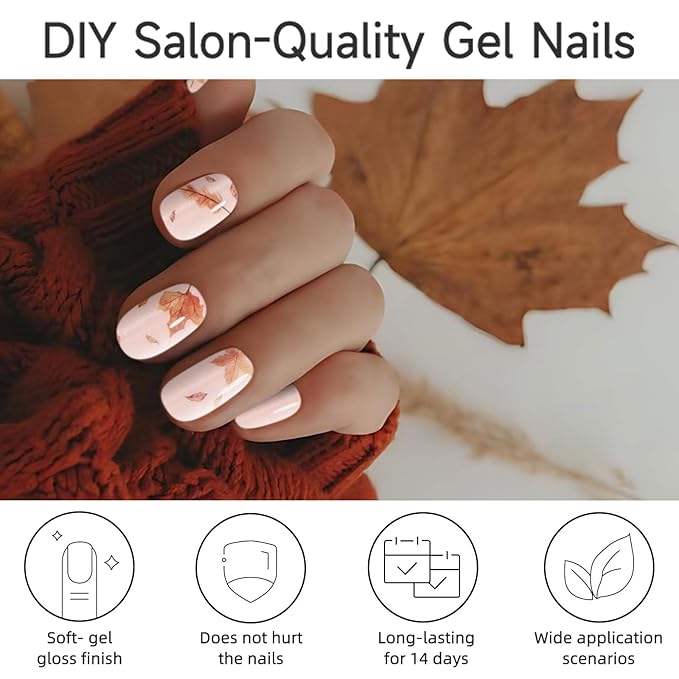 Semi Cured Gel Nail Strips, Cat's Eye Maple Leaf | 28 pcs Autumn Fall Gel Nail Stickers Work with Any UV Lamp, Salon Quality NailWraps for Autumn, Include Prep Pads, File&Wood Stick