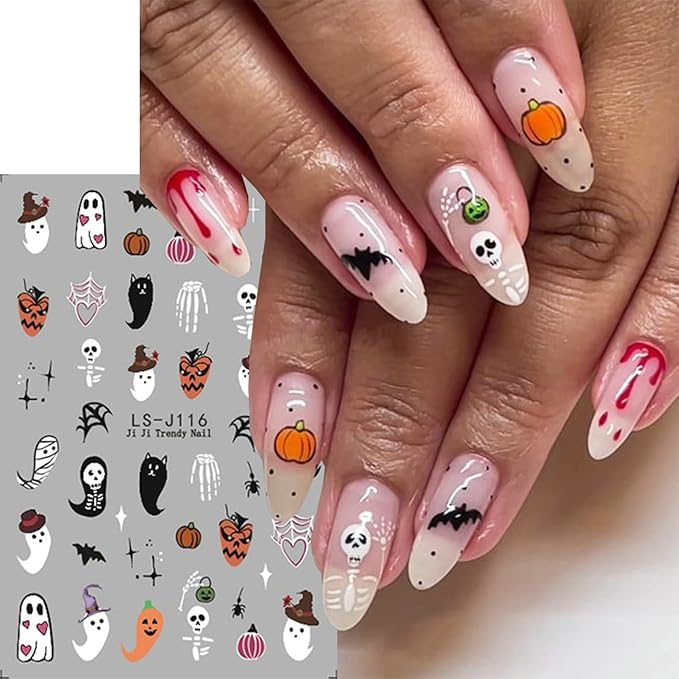 Halloween Nail Decals Self-Adhesive 3D Skull Bat Ghost Spider Design Cute Girls Nail Art Decoration 6PCS