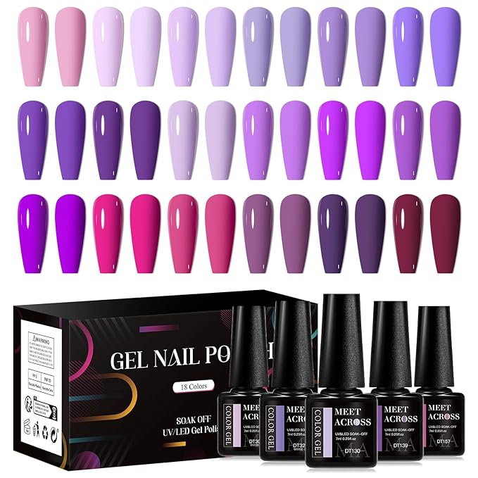 MEET ACROSS 18pcs Gel Nail Polish Set Soak Off UV LED Lamp Gel Nail Polish Kit (SET-8, 18pcs)