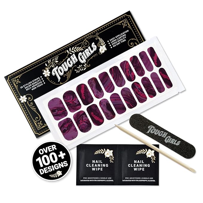 | 20 Exquisite Gel Nail Polish Strips w/Application Accessories - No UV/LED Lamp Required (Marbled Mulberry & Pink Glitter)