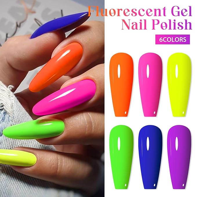 MEET ACROSS Neon Gel Nail Polish Set, 6 Colors Orange Yellow Green Blue Hot Pink Red Purple Spring Summer Fluorescent Gel Polish Home DIY Manicure Gift for Girls Women