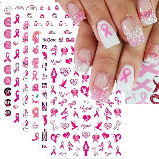 6 Sheets Breast Cancer Nail Art Stickers 3D Heart Pink Ribbon Breast Cancer Awareness Nail Decals Self-Adhesive Design Nail Art Supplies Stitch Nail Stickers for Women DIY Acrylic Manicure Tips Nail