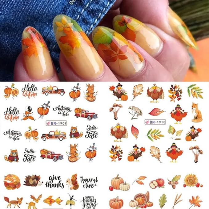 12 Pcs Fall Nail Art Stickers Maple Leaves Nail Art Water Transfer Decals Autumn Thanksgiving Turkey Pumpkin Design Nail Foil Stickers Fall Nail Supplies for Women Acrylic DIY Manicure Decorations