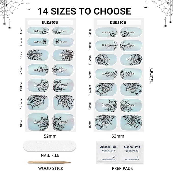Halloween Semi Cured Gel Nail Strips, Spider | 28 pcs HalloweenSpider Gel Nail Strips Work with Any UV Lamp, Salon Quality Nails Stickers, Include Prep Pads, Nails File&Wood Stick