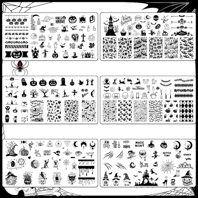 Hying 6pcs Halloween Nail Art Stamping Plates for Women Nail Art, Stainless Steel Jack-o'-Lantern Pumpkin Nail Plates Template Set for Halloween Decoration Spooky Blood Spiderweb Stamp Templates Kit
