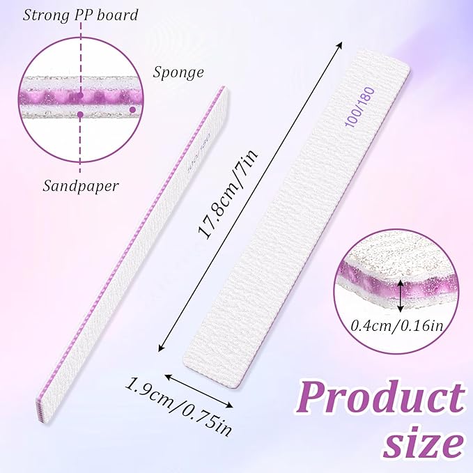 150 Pcs Nail Files 100/180 Grit Double Sides Professional Reusable Emery Board Nail Files for Acrylic Manicure Tools Suit for Home Salon