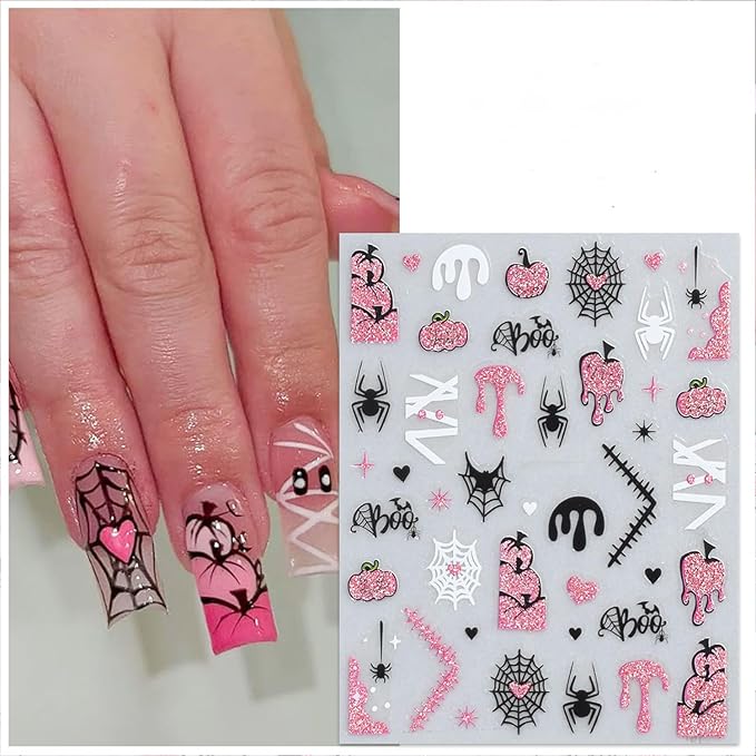 6 Sheets Halloween Nails Stickers Cute Mummy Pumpkin Nails Art Stickers 3D Self-Adhesive Supplies Nail Decal with French Tip Glitter Spider Web Design Nail Sticker for Nail Art Women's DIY Decoration