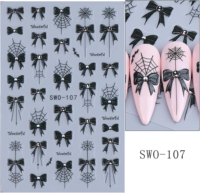 2Pcs Halloween Nail Art Stickers Decals 5D Embossed Halloween Spider Web Nail Decals Black Spider Web Bow Pattern Nail Designs Y2K Style Nail Supplies for Women Manicure Tip Decorations Accessories