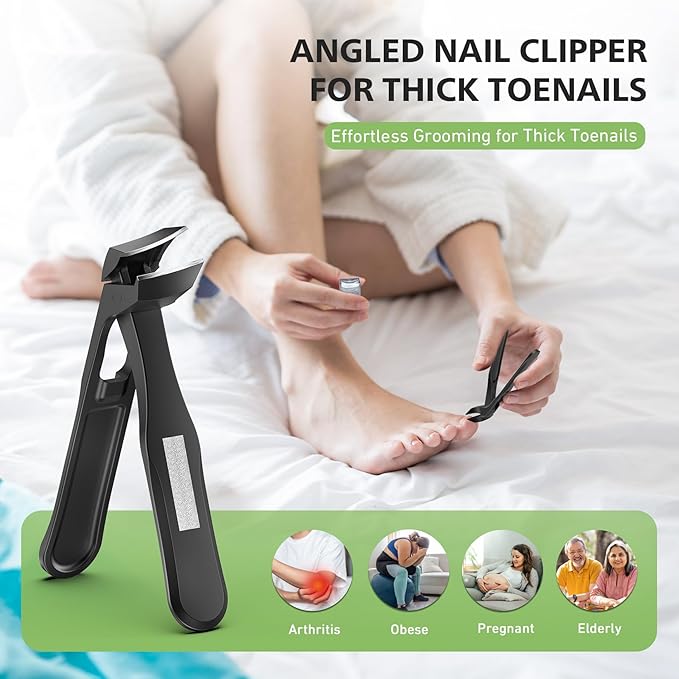 BALUCA Premium Slanted Toenail Clippers for Ingrown Nails – Heavy Duty Curved Blade Nail Clipper for Thick Nails, Seniors & Men – Ergonomic Grip with Built-in Nail File, Black