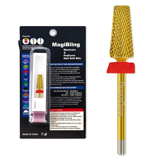 Professional 5 in 1 Tapered Nail Drill Bits, 3/32'' Safety Tungsten Carbide Bits, Remove Gel Fast Left & Right Hand Use, Easy for Beginner, Technicians Bits, Gold, Fine.