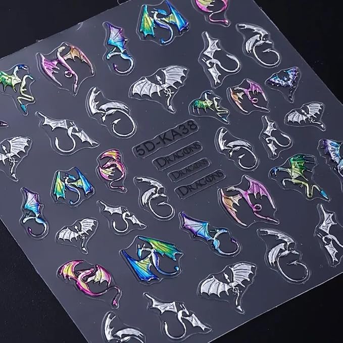5D Embossed Dragon Nail Art Stickers 2PCS Silvery Flying Devil Bat Halloween Nail Decals Nail Art Supplies Sweet& Cool Flying Dragon Self-Adhesive Nail Stickers for Women DIY Nail Salon Decoration