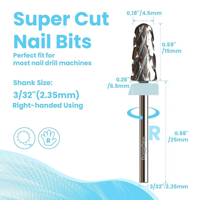 Super Cut Tapered Barrel 3/32'' Safety Tungsten Nail Drill Bits, Remove Gel Fast, Right handed, Suitable for Manicure Pedicure Cuticle Gel Polishing, Technicians Bits, Quadruple Coarse.