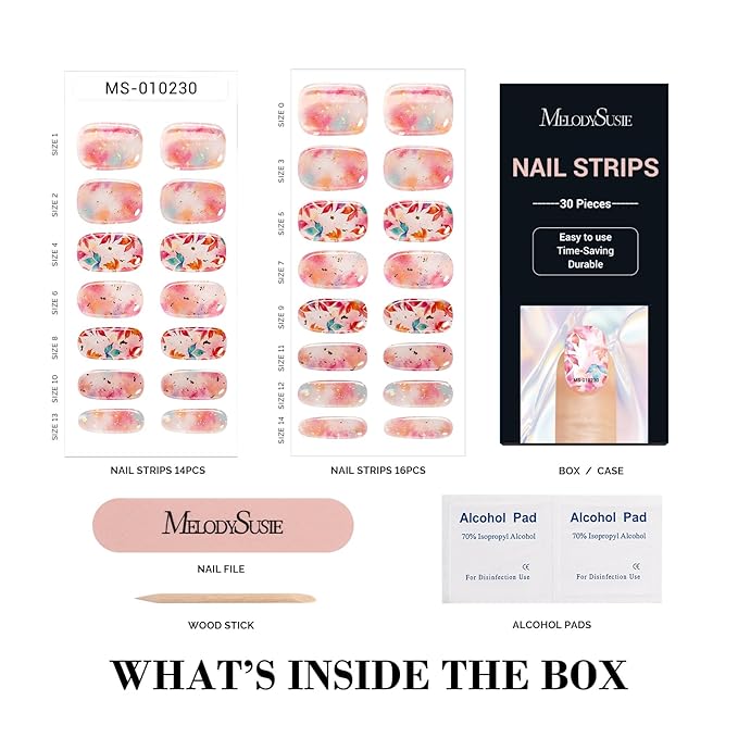 MelodySusie Semi Cured Gel Nail Strips (Colorful Day)- Works with Nail lamp, Salon-Quality, Long Lasting, Easy to Apply & Remove - Includes 30Pcs, 2 Prep Pads, Nail File & Wooden Stick