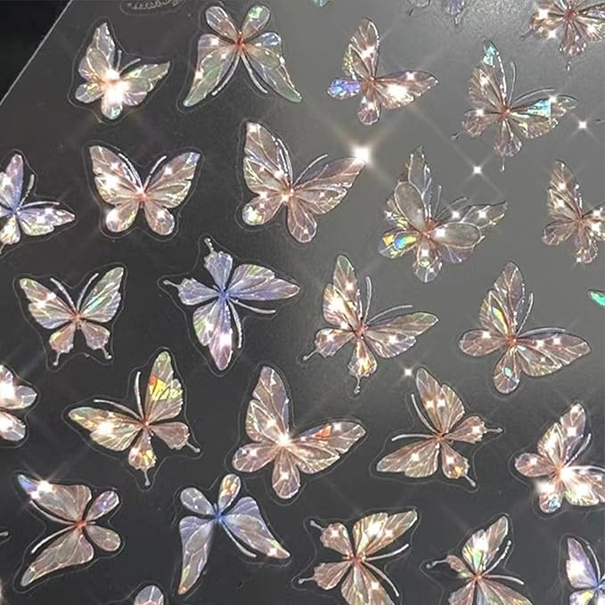 6 Sheets Butterflies Nail Art Stickers, 3D Self-Adhesive Shining Aurora Shell Nail Decals for Women, Laser Butterfly Design for DIY Nail Supplies Decoration