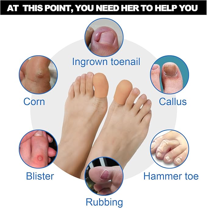 4 Pack Gel Toe Cap and Protector for Big Toe - Cushions and Protects, Toe Covers for Women & Men, Provides Relief from Missing or Ingrown Toenails, Corns, Blisters, Hammer Toes (Large, Beige)